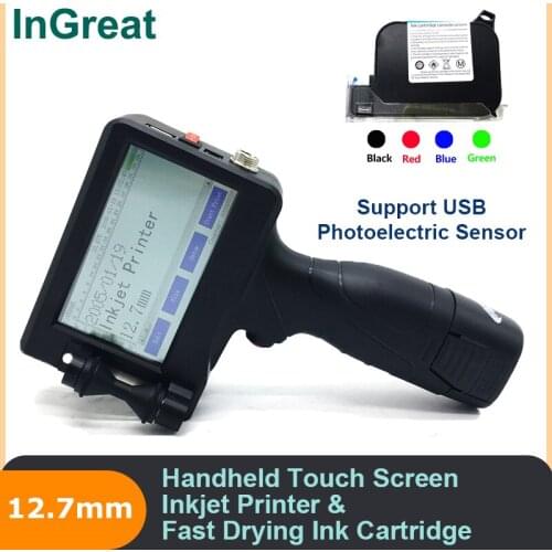 Handheld Portable 12.7mm 1/2" Inkjet Printer Intelligent 4.3Inch Touch Screen QR Bar Code Label Logo Print & Color Ink Cartridge