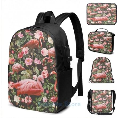 Funny Graphic print Floral and Flamingo Pattern USB Charge Backpack men School bags Women bag Travel laptop bag
