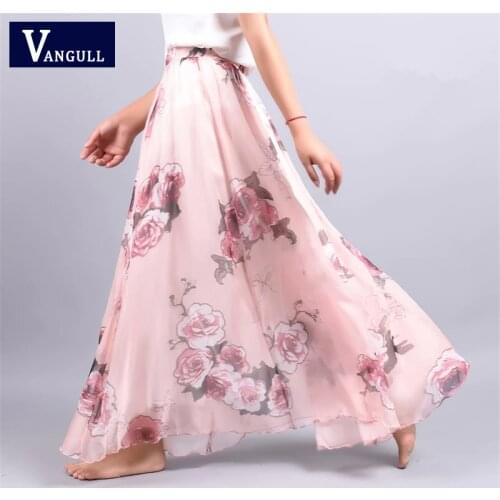 Vangull Chiffon Skirt Summer Bohemian Floral Print Beach Maxi Pleated flower Long Skirt 2019 New Fashion Casual Skirts For Women