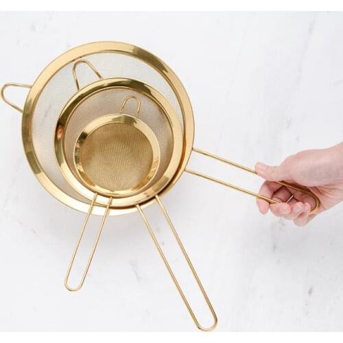 Nordic Gold Sugar Powder Flour Sieve Exquisit 304 Stainless Steel Fine Mesh Filter Water Soup Strainers Colanders Baking Tools