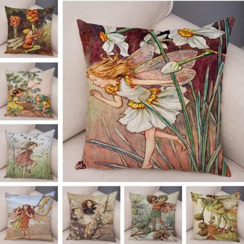 Vintage Cartoon Elves Cushion Cover Decor Colorful Fairy Tale World Pillow Case Plush Flower Girl Pillowcase for Sofa Home