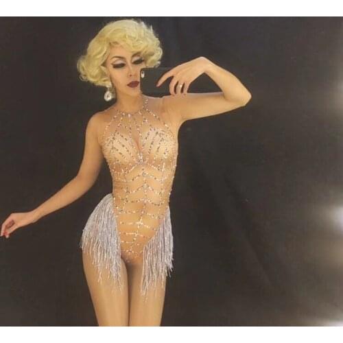 Hot Sexy Sparkly Rhinestone Tassels Zentai BodySuit Jazz Dance For Lady Nightclub Bar Dj Pole Dancer Women Stage Costume DJ258