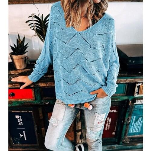 Sweaters Women Spring Autumn Solid Color Hollow Out V-Neck Batwing Long Sleeve Pullovers Woman Clothing Casual Loose Knitted Top