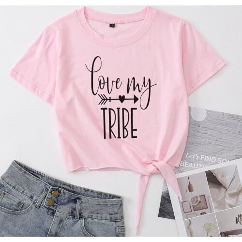 Love My Tribe Vacation Camping Crop Top Womens Summer Short-sleeve Print Cotton T-shirt Cropped Tops Graphic Tee with Front Knot