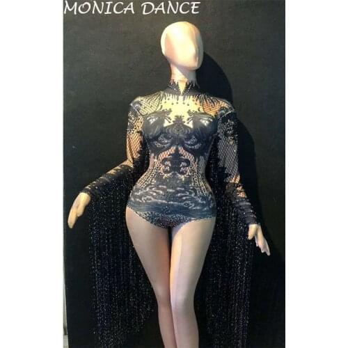 4 Colors Women Sexy Rhinestones Tassel Sleeves Bodysuit Birthday Celebrate Bar Outfit Women Dance Stage Wear Nightclub Outfit