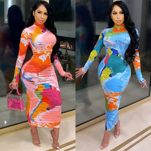 2XL Digital map printing womens sexy dress tight long skirt collar party dresses evening 2020 african large dresses clothing