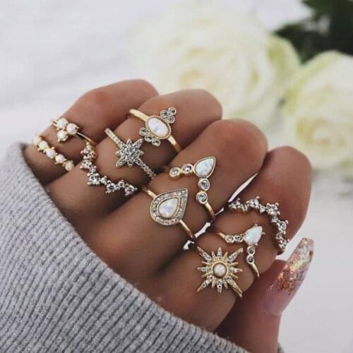 10pcs/Set Women Fashion Knuckle Rings Set For Female crystal Crown Geometric Gold Ring Bohemian Wedding Jewelry Gift
