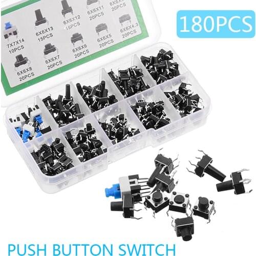 180pcs/set 10 Value Tactile Push Button Switch Micro Momentary Tact Assorted Kit for Audio Equipment Computer