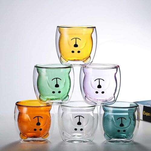 250ML Double Layer Glass Coffee Cup Panda Cup 3D Glass Double Wall Bear Cup Lead-free Glass Juice Milk Cartoon Cat Cup Couples