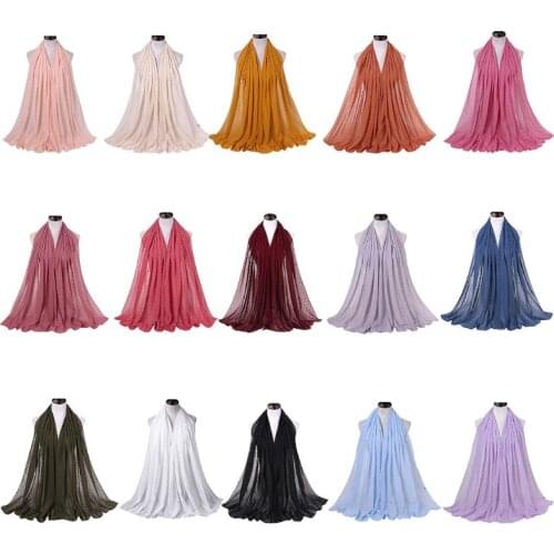 70x175cm Women Muslim Hijab Pom Pom Floral Chiffon Scarf Long Shawl Wrap Solid Color Islamic Bandana Sunscreen Headwrap