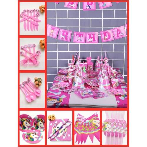 82Pc/set Unicorn Party Supplies Disposable Tableware Tablecloth Banner Plates Cups Birthday Favors Adult kids party supplies