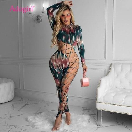 Adogirl Women Sexy Fashion Print Hollow Out Jumpsuit Cross Lace Up Long Sleeve Romper Night Club Romper One Piece Overalls