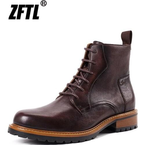 ZFTL Mens Martins Boots Man Casual Lace-up Boots Genuine Leather Handmade Men Ankle Boots British Winter with fur warm
