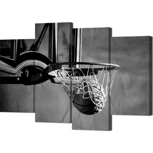 Black and White Sports Themed Canvas Wall Art Painting 4 Panel Throw Basketball Into The Basket Wall Pictures Drop shipping
