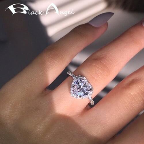 BLACK ANGEL 925 Sterling Silver Heart Shaped Shiny Bling White Diamond Gemstone CZ Adjustable Ring For Women Jewelry Gift
