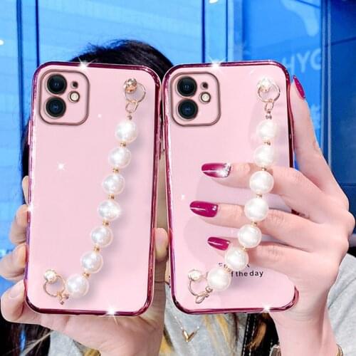 For iPhone 13 12 11 12Pro Max 12mini X XS XR XSMax SE2020 6 7 8 Plus Luxury Pearl Fashion Bracelet Wrist Chian Strap soft Case