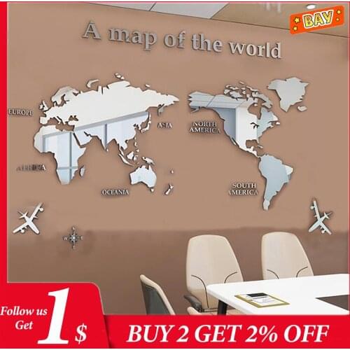 European Type World Map 3D Acrylic Decoration Wall Stickers DIY Art Wall Poster Mirror Wall Sticker Home Decor Bedroom Wallstick