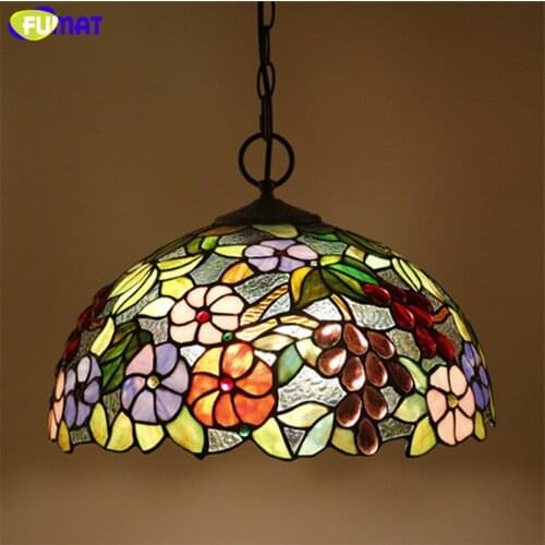 FUMAT Tiffany Pendant Lamp Staiend Glass Modern Pendant Ceiling Lamps LED Rose Flower Dining Room Hanging Lighting Fixture Light