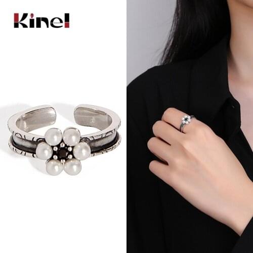 Kinel 2020 New 925 Sterling Silver Pearl Rings for Women Fashion Retro Adjustable Silver Ring Jewelry Wedding Gift Wholesale