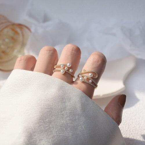 Korea Hot Selling Fashion Jewelry Exquisite AAA Zircon Multilayer Line Ring Elegant Womens Pearl Opening Adjustable Ring