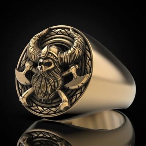 Viking Mens Skull Ring Nordic Mythology Retro Double Axe Warrior Domineering Male Ring Banquet Jewelry Gift
