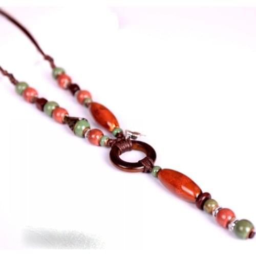 Pendants Necklaces Jewelry For Women Colorful Ceramic Beads Hollow Wood Circle Charm Choker Handmade Rope Knot Adjustable Chains