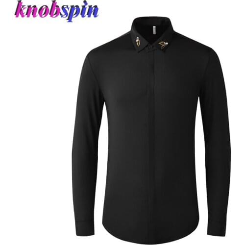 Luxury Business Men Shirt Gold color Leaf Beading Long Sleeve Slim Shirts For Men Solid Casual Camisas Plus Size Nylon Clothings