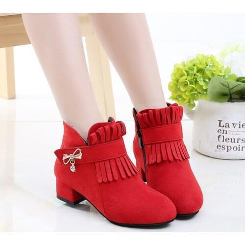 Girls Princess High Heel Boots New Fringe Bow Autumn Winter Children Shoes Kids Fashion Wild Warm Snow Boots Size 27-39 E24