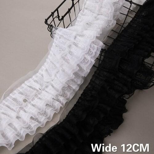 12CM Wide White Black Three Layers 3D Pleated Chiffon Fabric Embroidery Ribbon Fringe Ruffle Trim DIY Cloth Sewing Guipure Decor