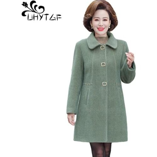 UHYTGF Quality Mink Fleece Mother Clothes Autumn Winter Woolen Coat Thicken Warm Women Jacket Single-Breasted Plus Size Top 1131