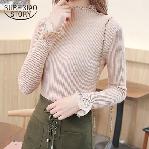 Spring Slim Short Paragraph Bottoming Sweater Atumn Winter Turtleneck Sweater Women Solid Color Lace Thicken Inside Jumper 7569