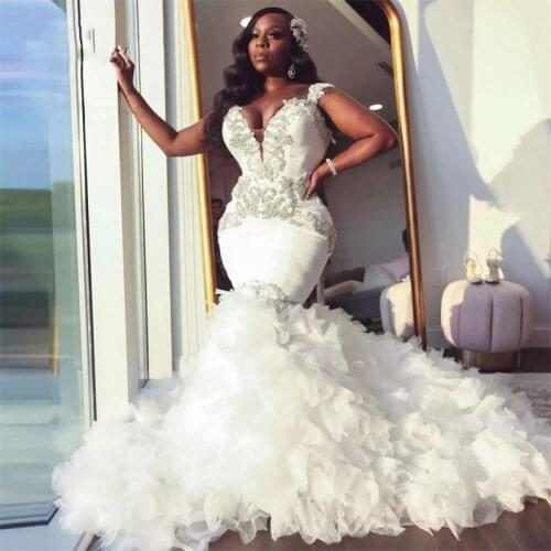 South African Deep V Neck Wedding Dresses Crystals Beaded Tiered Ruffles Sweep Train Bridal Gowns Custom Made Wedding Vestidos