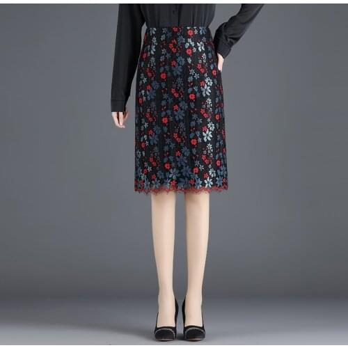 2020 Fall Spring Women High Waisted Placket Floral Lace Pencil Skirt , Office Woman Clothes , 4xl Knee Length Skirts