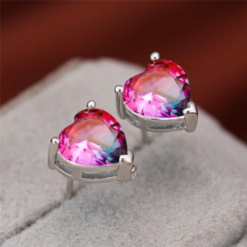 Pink Purple Crystal Rainbow Gradient Zircon Heart Stud Earrings For Women Vintage Fashion Silver Color Earrings Wedding Jewelry
