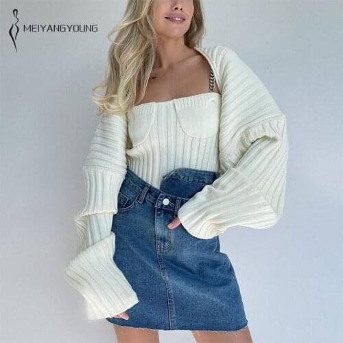 MEIYANGYOUNG Beige Knitted Sweater Two-piece Set For Women Pullovers Womens Suit Square Collar Top Lantern Sleeve Loose Jumper