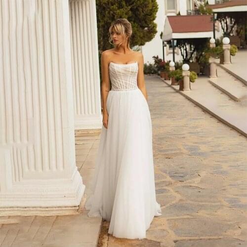 Strapless Boho Wedding Gowns White Ivory Pleating Sweep Train Bridal Dress Plus Size Tulle Beach Wedding Dresses 2021