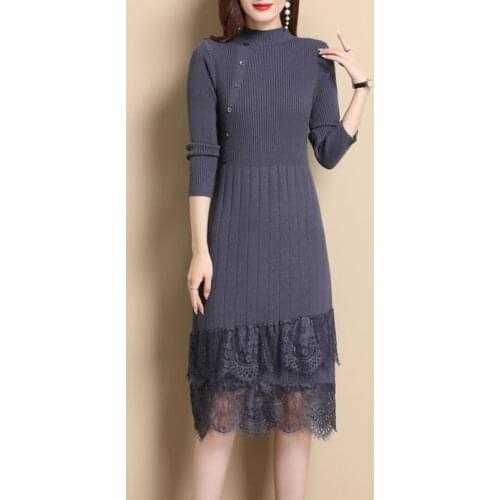 Elegant Lace Hem Buttons Women Autumn Winter Sweater Knitted a line Ribbed Slim Long Sleeve Black Bodycon Midi Dresses fall 2021