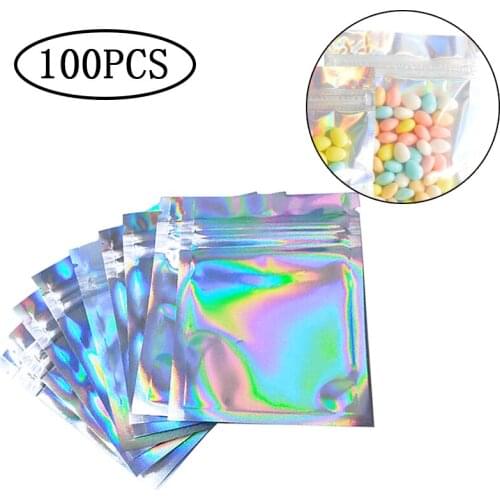 100pcs Flat Zip lock Storage Bag Bath Salt Cosmetic Bag One Side Clear Holographic Laser Mini Aluminum Foil Zip Lock Bags Thick