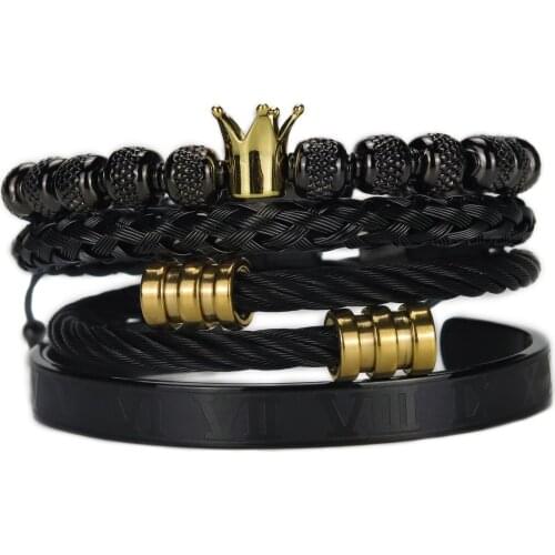 4pcs/set adjustable cuff braid Stainless steel bangle Luxury King Crown Men Bracelet beads bracelets & bangles for Men Jewelry
