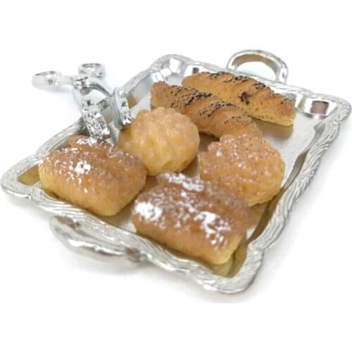 8Pcs/Set 1:12 Cute Miniature Dollhouse Miniature Accessories Silver Tray + Silver Clip + 6 Breads Kitchen Toy Accessories
