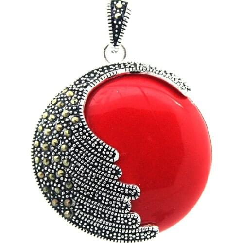Noble 925 silver natural 35X35MM imitation red coral macrasite pendant