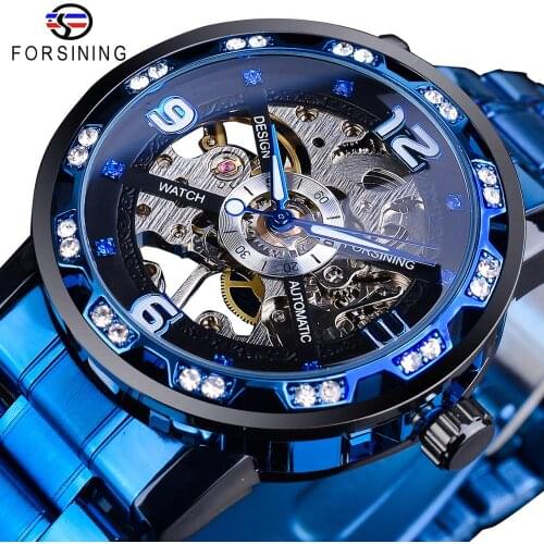 Forsining Fashion Blue Diamond Skeleton Men Mechanical Watch Stainless Steel Luminous Hands Wristwatch Casual Business Clock
