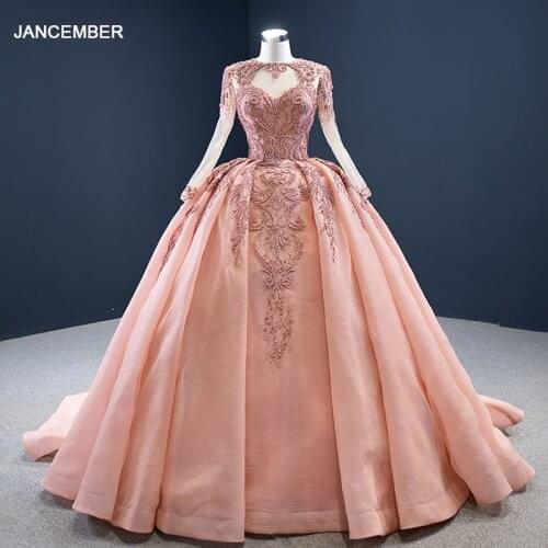 J67160 Sweet Peach Colour Evening Dress 2020 Sequined Lace Up Back Beading Sweetheart Long Sleeve robe mariage femme 2020