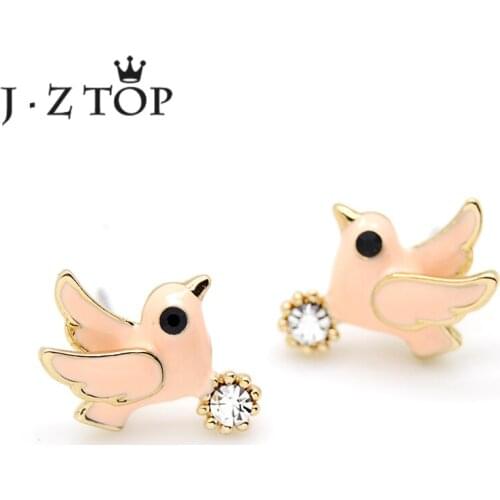 JZTOP Lovely Pink Birds Small Stud Earrings Woman Fine Crystal Enamel Charms Animal Earring Female Romantic Oorbellen Jewelry