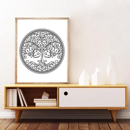 Mandala Print Tree of Life Wall Art Canvas Painting Black and White Illustration Wall Picture for Living Room Home Decor