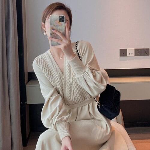Korean One-Piece V-Neck Waist Slim Stitching Knitted Dress 2021 Autumn Winter Niche A-Line Dress Midi Base Knitted Dress Female