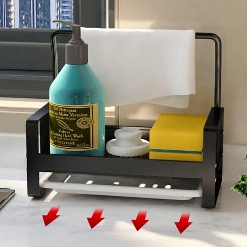 Kitchen Organizer Sink Rack Space Aluminum Sponge Holder Towel Rack Soap Brush Holder Drain Pan Kitchen Drying Rack Punch-free