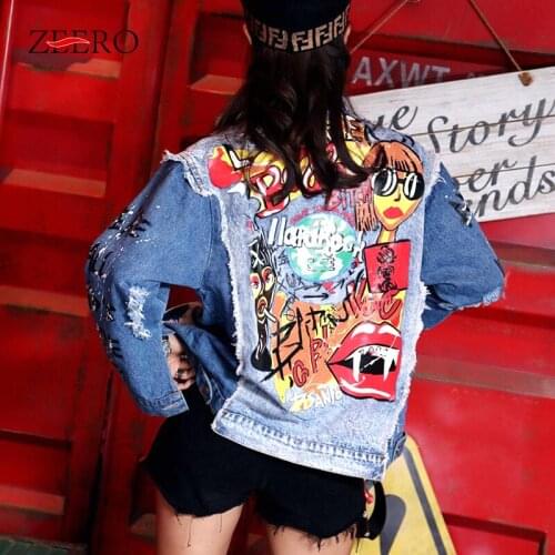 Streetwear Women Jeans Jacket Graffiti Alphabet Printing Frayed Holes Female Loose Denim Jacket Student Basic Oversized Coats