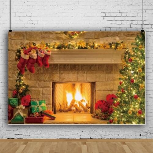 Laeacco Vintage Old Fireplace Brick Wall Burning Flame Christmas Tree Poster Baby Portrait Photography Background Photo Backdrop