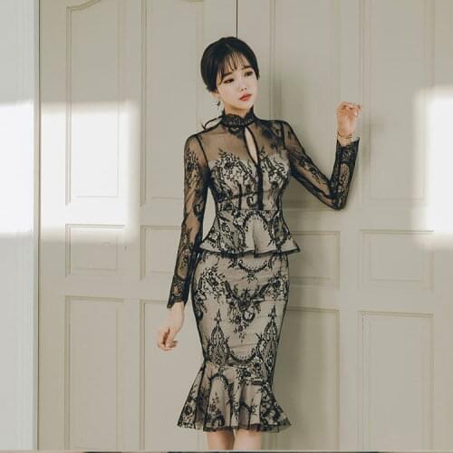 Fashion Korean spring vestidoes perspective hollow stand dress long sleeve slim black long dresses sexy party lace lady dress